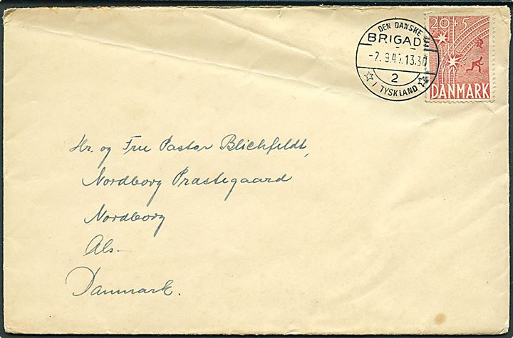 20+5 øre Frihedsfonden single på brev annulleret Den danske Brigade /2/ * i Tyskland * d. 2.9.1947 til Nordborg på Als. 