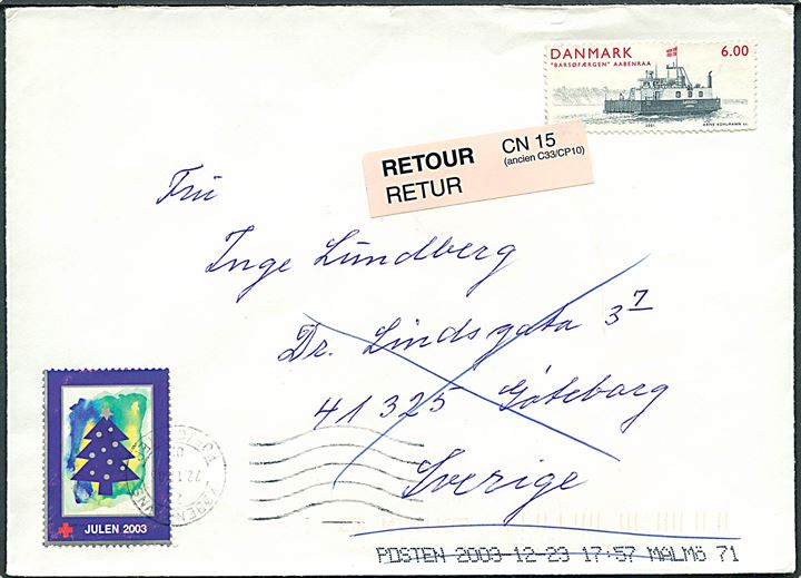 6 kr. Færge og Røde Kors Julemærke 2003 på brev fra Virum stemplet København Postcenter d. 22.12.1903 til Göteborg, Sverige. Retur som ubekendt.