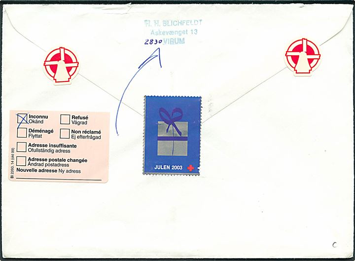 6 kr. Færge og Røde Kors Julemærke 2003 på brev fra Virum stemplet København Postcenter d. 22.12.1903 til Göteborg, Sverige. Retur som ubekendt.