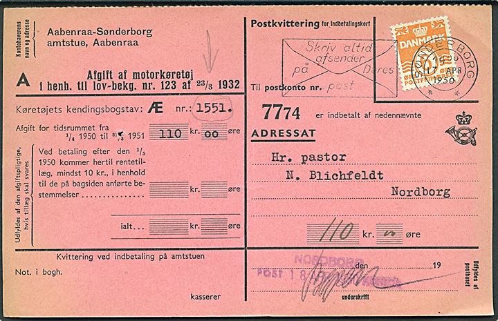 6 øre Bølgelinie på regning på afgift for motorkøretøj Æ 1551 sendt som tryksag fra Sønderborg d. 17.4.1950 til Nordborg.
