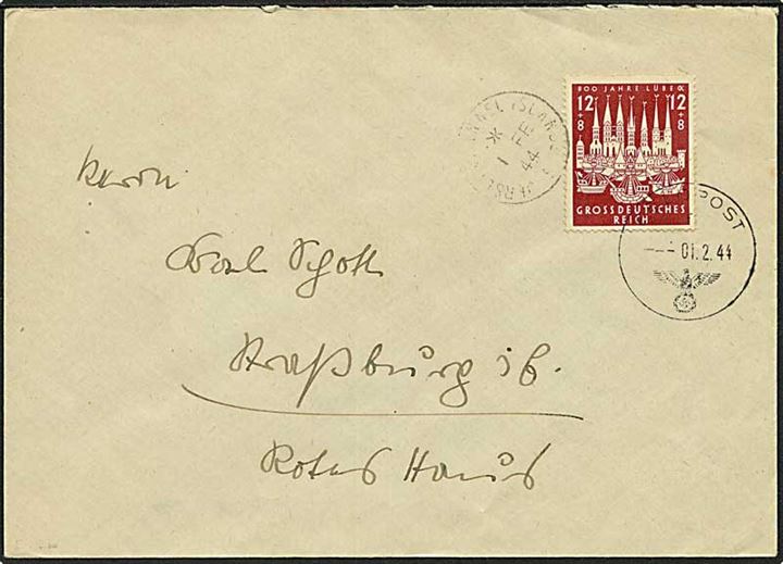 Tysk 12+8 pfg. Lübeck 800 år på brev fra Jersey annulleret stemplet Feldpost og Jersey Channel Islands d. 1.2.1944 til Tyskland.