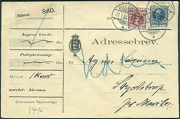 20 øre og 50 øre Fr. VIII på adressebrev for pakke fra Hillerød d. 22.1.1909 til Skjælstrup pr. Maribo.