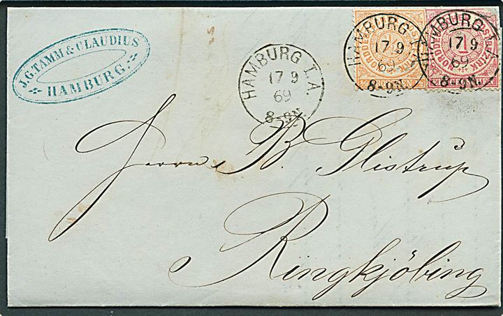 Norddeutscher Postbezirk. ½ gr. og 1 gr. (skadet) på brev fra Hamburg d. 17.9.1869 til Ringkjøbing, Danmark. Særtakst fra Hertugdømmerne til Danmark.