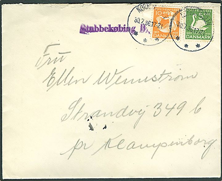 5 øre og 10 øre (defekt) H. C. Andersen på brev stemplet Nørre Alslev d. 30.7.1936 og sidestemplet Stubbekøbing B. til Klampenborg. Stempel benyttet over 1 år tidligere end registreret i Skilling.