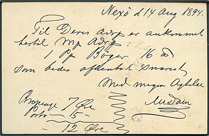5 øre Våben helsagsbrevkort fra Nexø annulleret med lapidar Aakirkeby d. 14.8.1894 til Aakirkeby. 