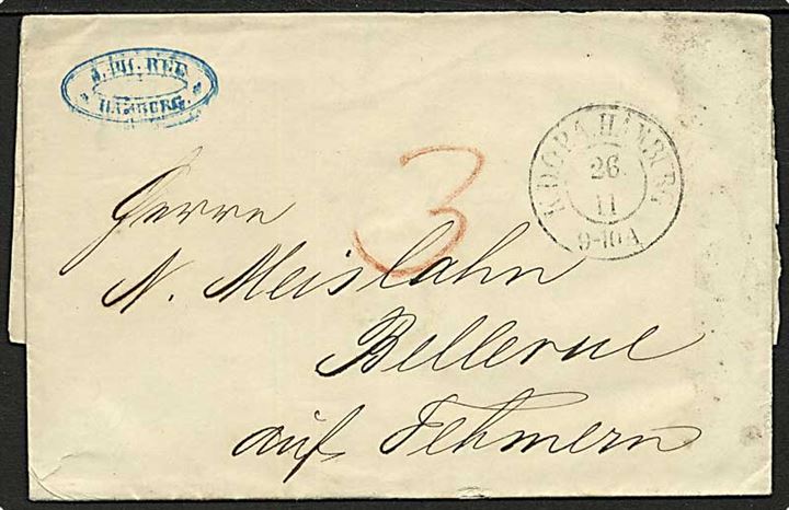 1852. Portobrev med antiqua stempel K.D.O.P.A. Hamburg d. 26.11.1852 til Bellevue på Fehmern. Påskrevet 3 med rødkridt.