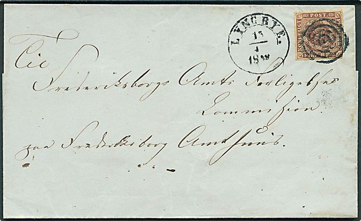 4 R.B.S. Ferslew, plade I, no. 67, på brev annulleret med stumt stempel og sidestemplet 1½ ringsstempel Lyngbye. d. 15.4.1852 til Frederiksborg.