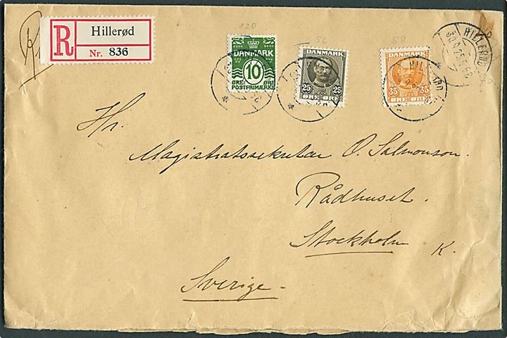 10 øre Bølgelinie, 25 øre og 35 øre Fr. VIII på stort anbefalet brev fra Hillerød d. 30.9.1925 til Stockholm, Sverige.