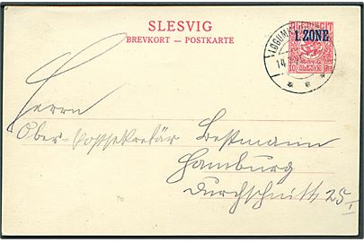 10 øre 1. Zone helsagsbrevkort stemplet Løgumkloster sn2 d. 14.7.1920 til Hamburg, Tyskland.