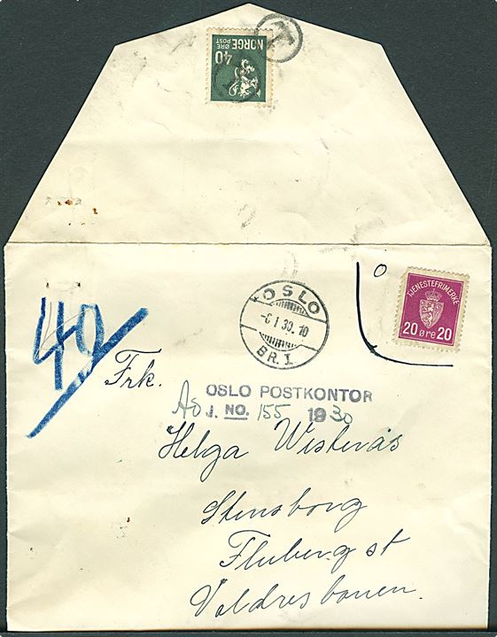 20 øre Tjenestemærke markeret ugyldig på brev sidestemplet Oslo d. 8.1.1930 til Stensborg, Fluberg St., Valdresbanen. Udtakseret i porto med 40 øre Løve annulleret med T-stempel. 