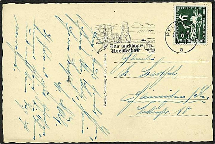 6 pfg. Fritids-Kongres på brevkort annulleret med TMS fra Helgoland d. 8.7.1936.