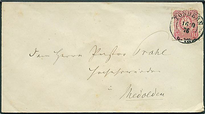 10 pfg. Pfennige udg. på brev annulleret med 2-ringsstempel Tondern d. 16.10.1876 til Medolden.
