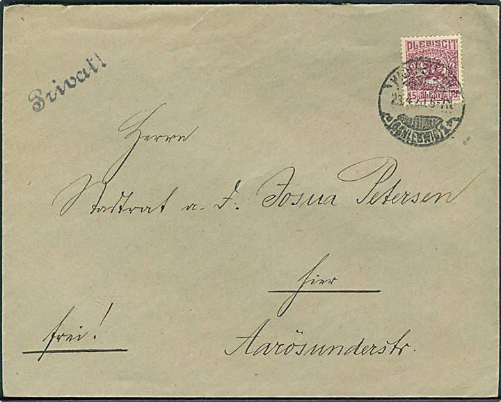 15 pfg. Fælles udg. på lokalbrev i Hadersleben d. 23.4.1920.