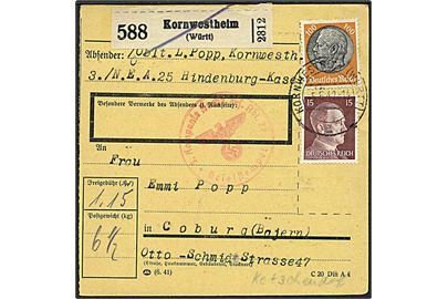 15 pfg. Hitler og 100 pfg. Hindenburg på adressekort for pakke fra officer ved 3./N.E.A. Hindenburg Kaserne i Kornwestheim d. 5.5.1942 til Coburg. Rødt briefstempel 
