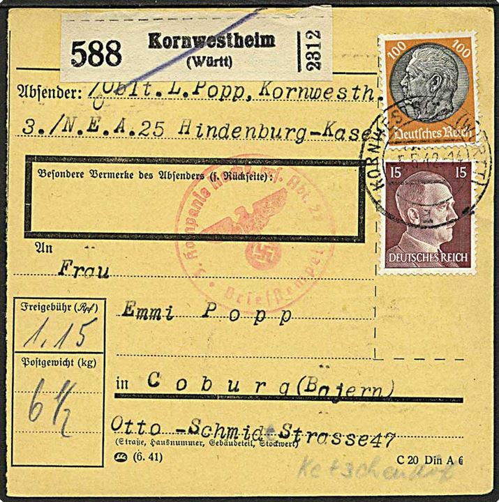 15 pfg. Hitler og 100 pfg. Hindenburg på adressekort for pakke fra officer ved 3./N.E.A. Hindenburg Kaserne i Kornwestheim d. 5.5.1942 til Coburg. Rødt briefstempel 