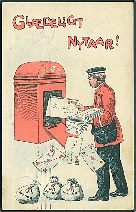 Glædeligt Nytaar. Postbud med breve og pengesække. Alex Vincents, serie 322/2. Anvendt 24.12.13. 