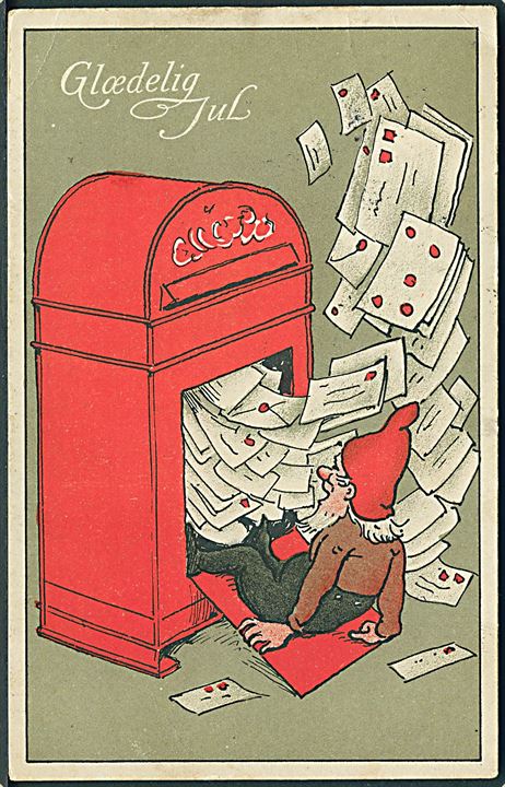 Ukendt Kunstner: Glædelig Jul. Nisse åbnet postkassen, som er fuld af breve. Alex Vincents, serie 5/2. 