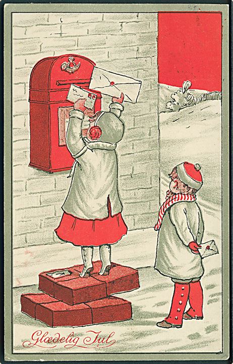 Ukendt kunstner: Pige lægger breve i postkassen. Alex Vincents, serie 12/1. 