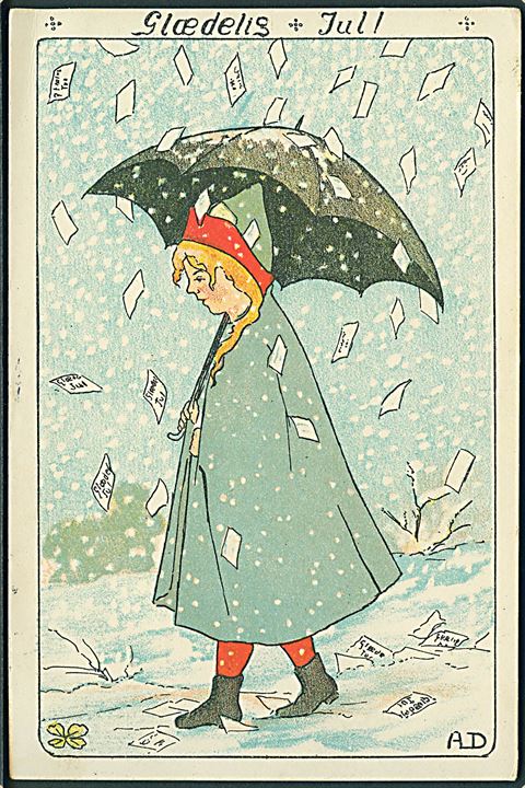 AD: Glædelig Jul. Pige under paraply. Regner med breve. B. B. u/no. 
