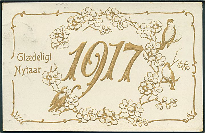 Årstalskort. Glædeligt Nytaar 1917. S. G. N. no. 22?2. Prægekort. Guldtryk. 