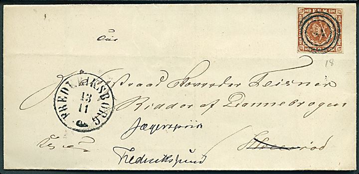4 sk. 1858 udg. på brev annulleret med nr.stempel 18 og sidestemplet antiqua Frederiksborg d. 13.11.18xx til Hillerød - omadresseret til Jægerspris pr. Frederikssund.