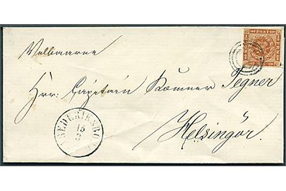 4 sk. 1858 udg. på brev annulleret med nr.stemepel 18 og sidestemplet antiqua Frederiksborg d. 15.3.18xx til Helsingør.
