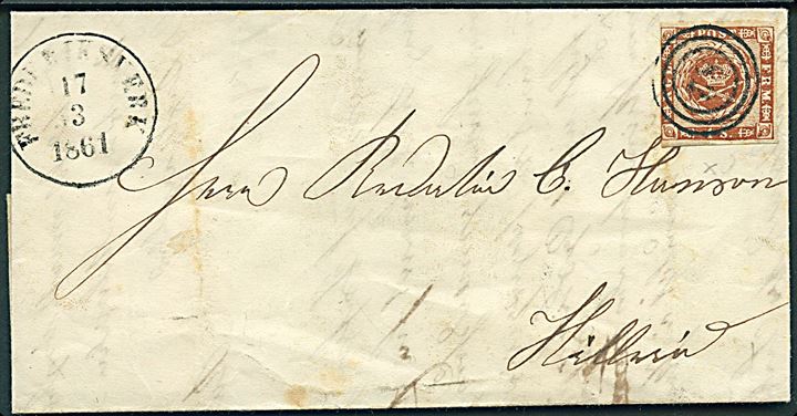 4 sk. 1858 udg. på brev annulleret med nr.stempel 82 og sidestemplet antiqua Frederiksværk d. 17.3.1861 til Hillerød.