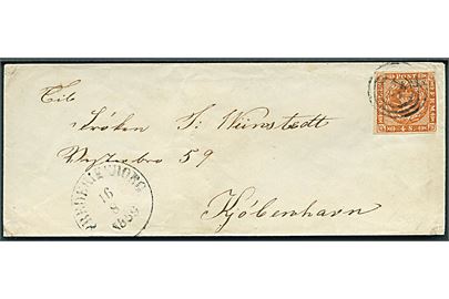 4 sk. 1858 udg. på brev annulleret med nr.stempel 18 og sidestemplet antiqua Frederiksborg d. 16.8.1859 til Kjøbenhavn.