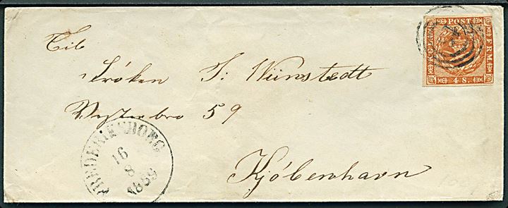 4 sk. 1858 udg. på brev annulleret med nr.stempel 18 og sidestemplet antiqua Frederiksborg d. 16.8.1859 til Kjøbenhavn.