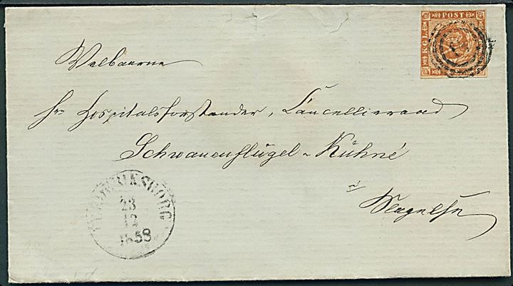 4 sk. 1858 udg. på brev annulleret med nr.stempel 18 og sidestemplet antiqua Frederiksborg d. 23.12.1858 til Hospitalsforstander, Kancelliraad Schwanenflügel-Kühné i Slagelse.