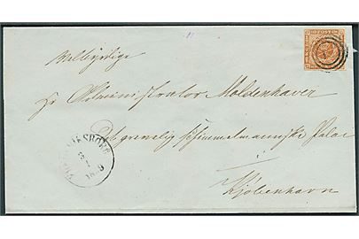 4 sk. 1858 udg. på brev annulleret med svagt nr.stempel 18 og sidestemplet antiqua Frederiksborg d. 3.1.1859 til Moldenhaver på Det grevelige Schimmelmannske Palai i Kjøbenhavn. 