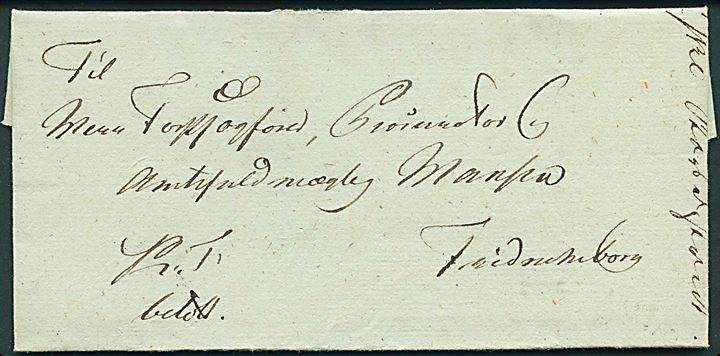1825. Tjenestebrev mærket K. T. og Betalt dateret d. 30.5.1825 til Frederiksborg. Fuldt indhold.