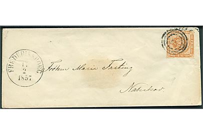 4 sk. 1854 udg. på brev annulleret med nr.stempel 18 og sidestemplet antiqua Frederiksborg d. 17.2.1857 til Nakskov.