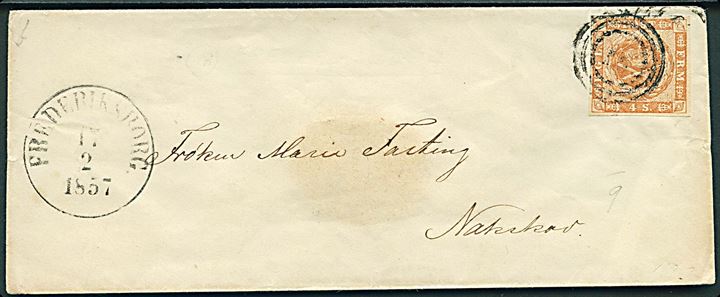 4 sk. 1854 udg. på brev annulleret med nr.stempel 18 og sidestemplet antiqua Frederiksborg d. 17.2.1857 til Nakskov.