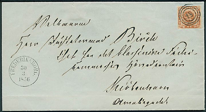 4 sk. 1854 udg. 2. trykpå brev annulleret med nr.stempel 18 og sidestemplet antiqua Frederiksborg d. 30.3.1856 til Kjøbenhavn. Del af bagside mgl.