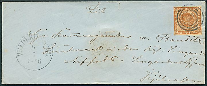 4 sk. 1854 udg. på brev annulleret med nr.stempel 18 og sidestemplet antiqua Frederiksborg d. 9.7.1856 til kammerjunker v. Bauditz, Lieutnant i den kgl. Livgarde i Kjøbenhavn.