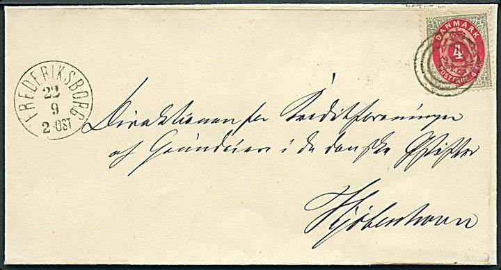 4 sk. Tofarvet 9. tryk på brev annulleret med nr.stempel 18 og sidestemplet lapidar Frederiksborg d. 22.9. ca. 1873 til Kjøbenhavn.