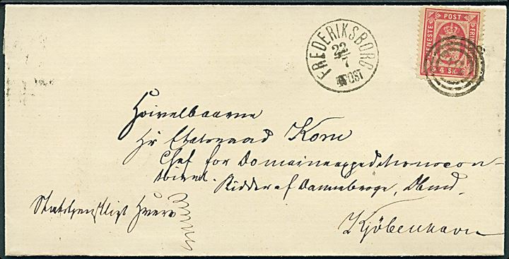 4 sk. Tjenestemærke på brev annulleret med nr.stempel 18 og sidestemplet med lapidar Frederiksborg d. 22.7.187x til Kjøbenhavn.