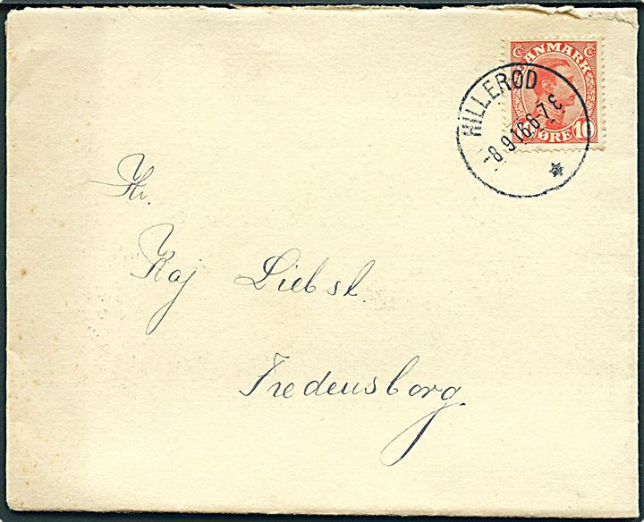 10 øre Chr. X single på brev annulleret med brotype IIIb Hillerød d. 8.9.1916 til Fredensborg.