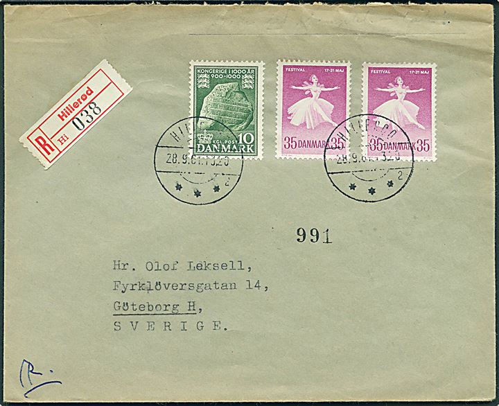10 øre 1000 års udg. og 35 øre Ballet Festival (2) på anbefalet brev fra Hillerød d. 28.9.1961 til Göteborg, Sverige.