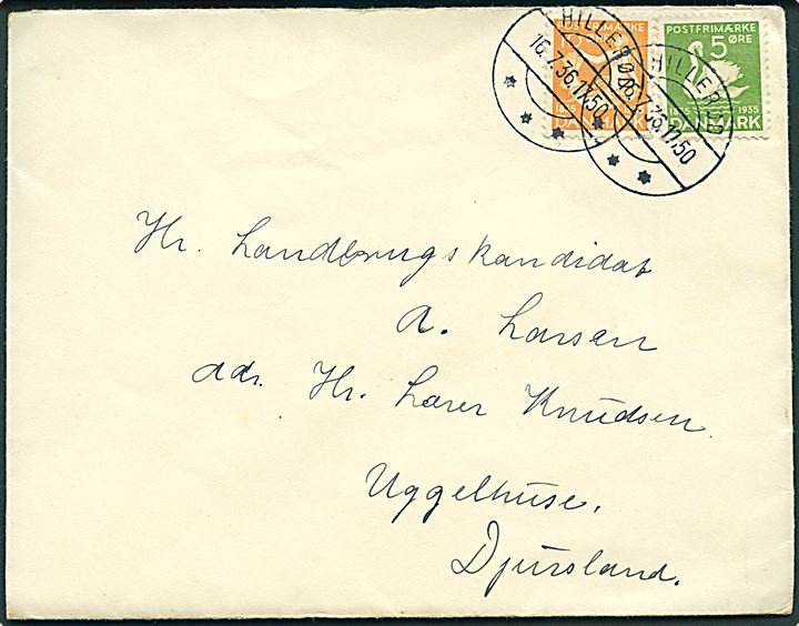 5 øre og 10 øre H. C. Andersen på brev fra Hillerød d. 16.7.1936 til Uggelhuse.