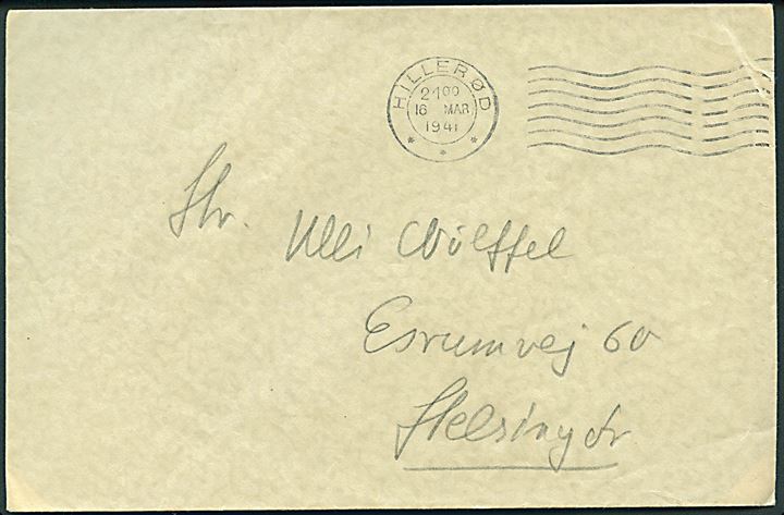 Ufrankeret brev stemplet Hillerød d. 16.3.1941 til Helsingør. Ikke udtakseret i porto.