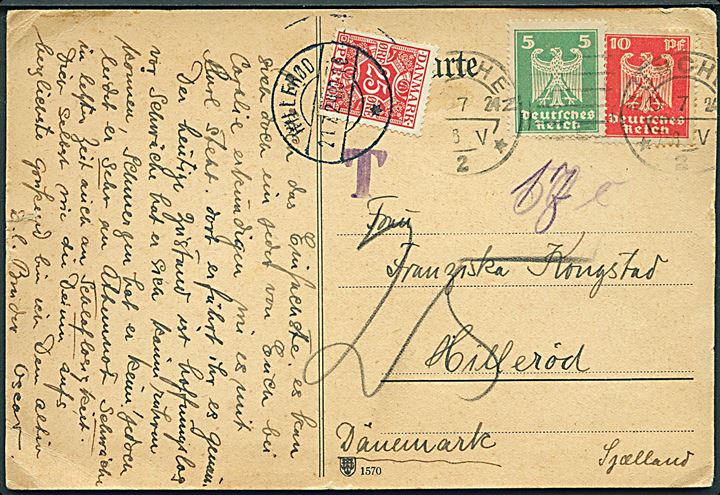 Tysk 5 pfg. og 10 pfg. Adler på underfrankeret brevkort fra München d. 19.7.1924 til Hillerød, Danmark. Udtakseret i porto med 25 øre Portomærke stemplet Hillerød d. 21.7.1924.