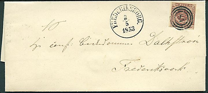4 R.B.S. Thiele I på brev annulleret med nr.stempel 18 og sidestemplet antiqua Frederiksborg. d. 8.5.1853 til Frederiksværk.