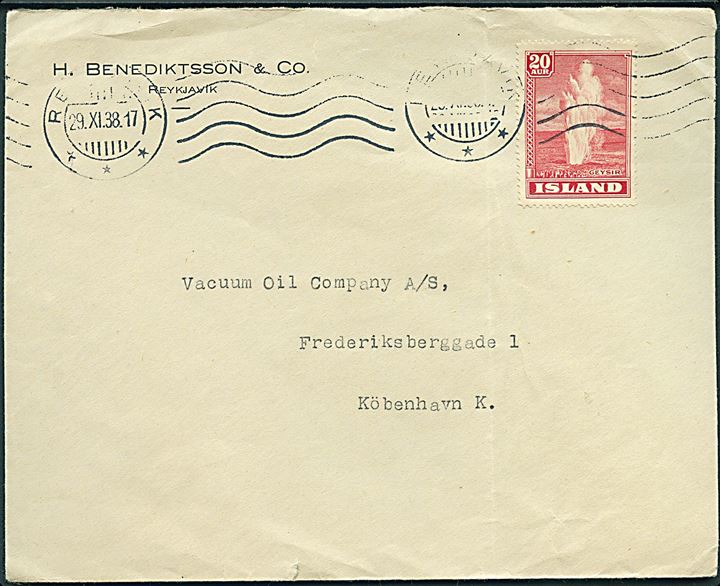 20 aur Geysir single på brev fra Reykjavik d. 29.11.1938 til København, Danmark.