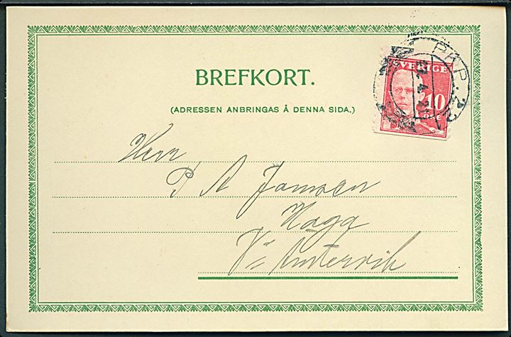10 öre Gustaf på brevkort fra Gunnarsbytorp pr. Frykerud annulleret med bureaustempel PKP 221 (= Torsby-Kil) d. 17.4.1921 til Haga, Wästra Emtervik.