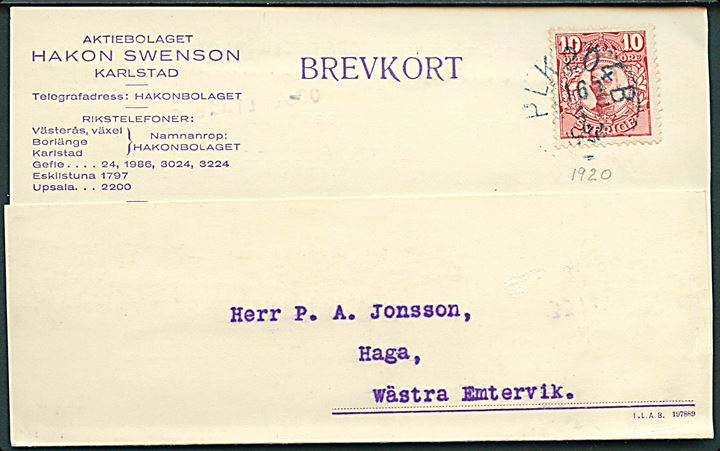 10 öre Gustaf på brevkort fra Karlstad annulleret med bureaustempel PLK 204B (= Charlottenberg-Laxå) d. 16.4.1920 til Haga, Wästra Emtervik.