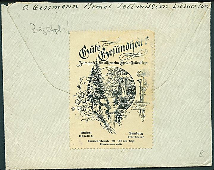 10 pfg. Germania på brev annulleret med bureaustempel Insterburg - Memel Bahnpost Zug 106 d. 7.7.1910 til Karlsruhe. Sendt fra Memel Zeltmission med stor mærkat på bagsiden.