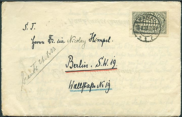1000 mk. Cifffer single på infla brev fra Hanau d. 15.8.1923 til Berlin.