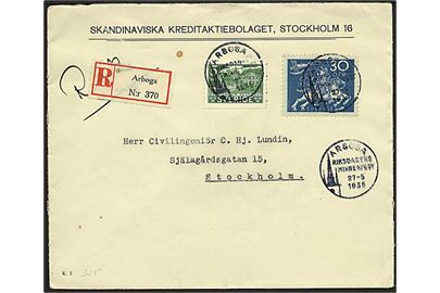 30 öre UPU 50 år og 5 öre Riksdagen på anbefalet brev annulleret med særstempel fra Arboga d. 27.5.1935 til Stockholm.